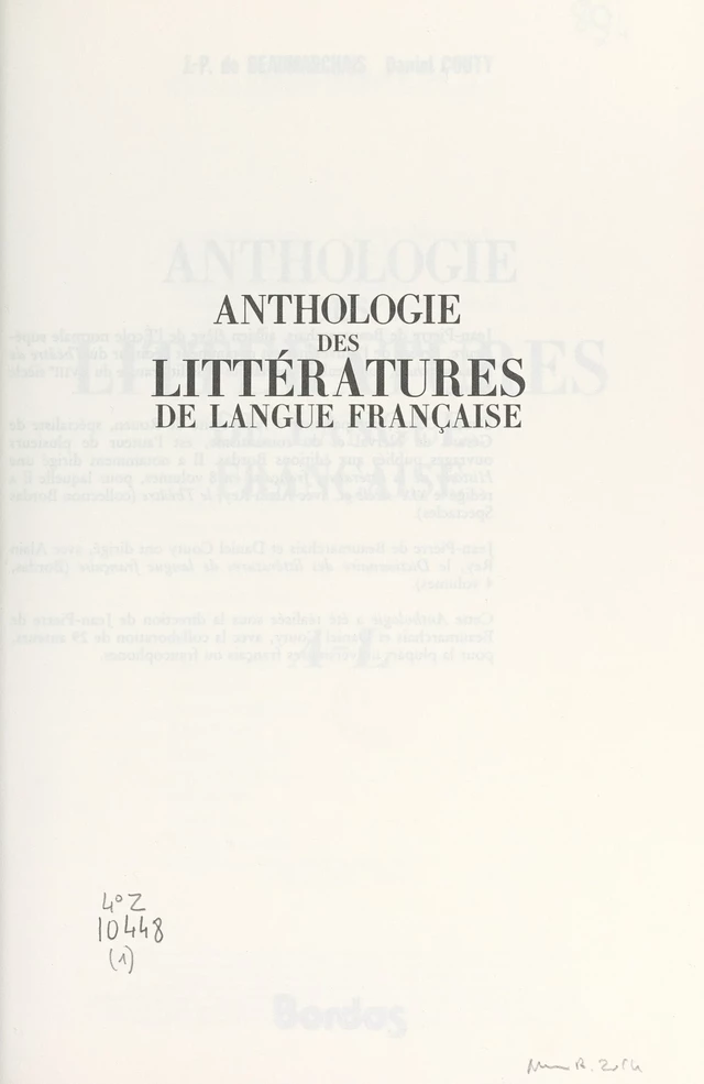 Anthologie des littératures de langue française : A-L - Daniel Couty, Jean-Pierre de Beaumarchais - FeniXX réédition numérique