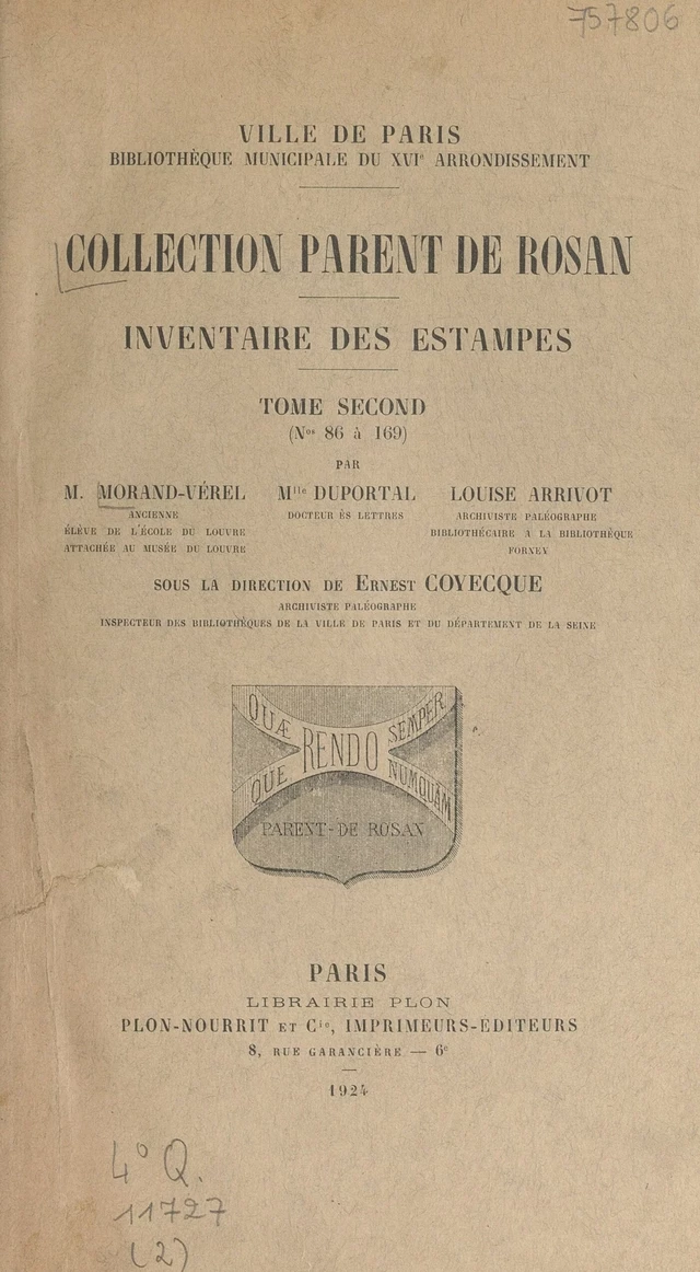 Collection Parent de Rosan : inventaire des estampes (2) - Louise Arrivot, Jeanne Duportal, M. Morand-Verel - FeniXX rédition numérique