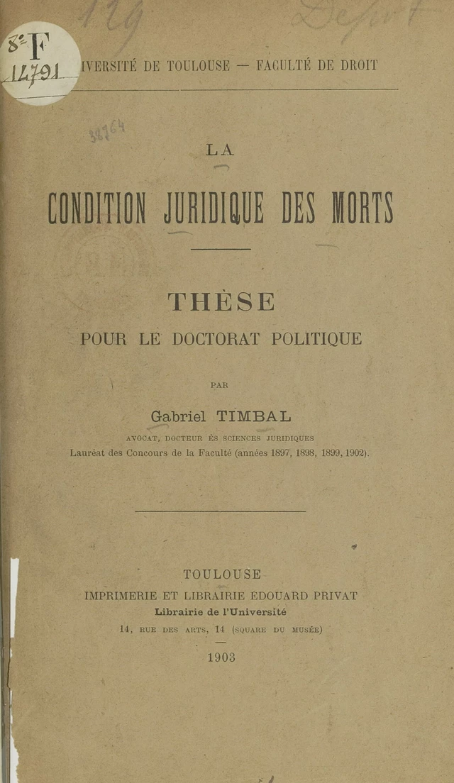 La condition juridique des morts - Gabriel Timbal - FeniXX rédition numérique