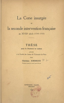 La Corse insurgée et la seconde intervention française au XVIIIe siècle (1743-1753)