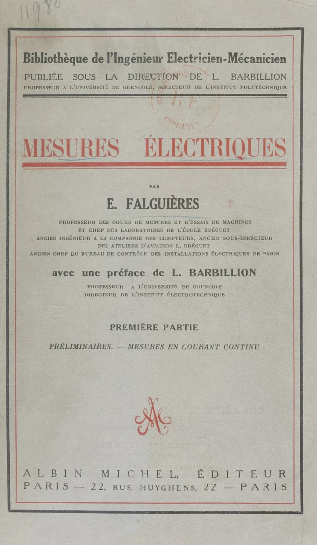 Mesures électriques (1). Préliminaires. Mesures en courant continu - E. Falguières - FeniXX rédition numérique