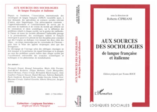 Aux sources des sociologies de langue française et italienne - Roberto Cipriani - Editions L'Harmattan