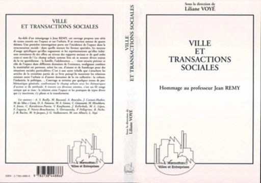 Villes et transactions sociales (Hommage au professeur Jean Remy) - Liliane Voyé - Editions L'Harmattan