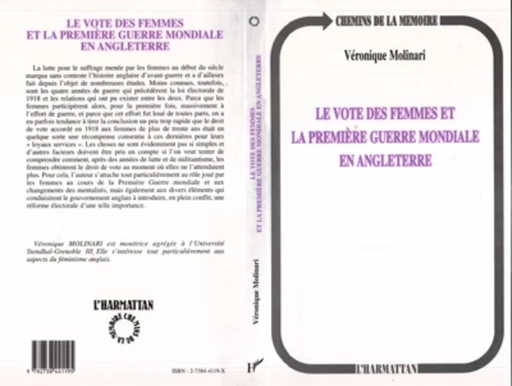 Le vote des femmes et la première guerre mondiale en Anglete - Véronique Molinari - Editions L'Harmattan