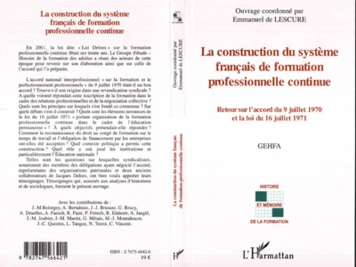 La construction du système français de formation professionnelle continue - Emmanuel De Lescure - Editions L'Harmattan