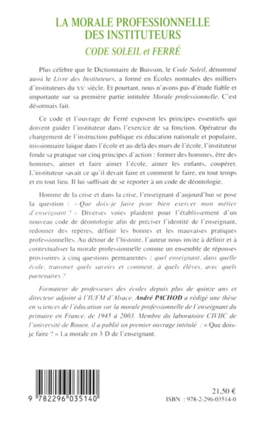 La morale professionnelle des instituteurs - André Pachod - Editions L'Harmattan