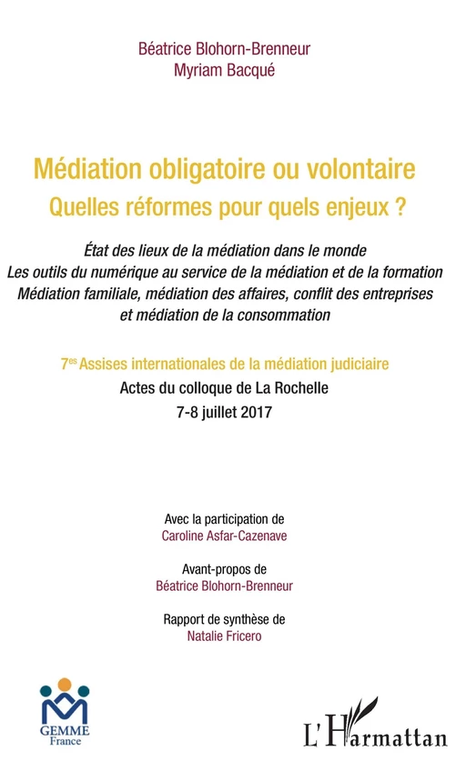 Médiation obligatoire ou volontaire - Béatrice Blohorn-Brenneur, Myriam Bacqué - Editions L'Harmattan