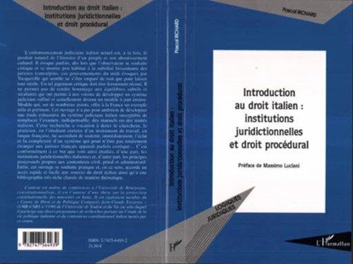 Introduction au droit italien : institutions juridictionnelles et droit procédural - Pascal Richard - Editions L'Harmattan