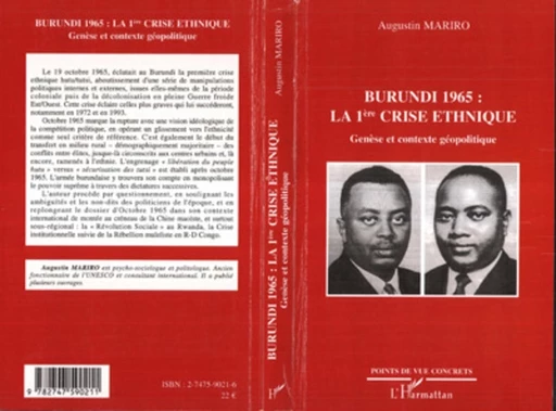 Burundi 1965 : la 1ère crise ethnique - Augustin Mariro - Editions L'Harmattan