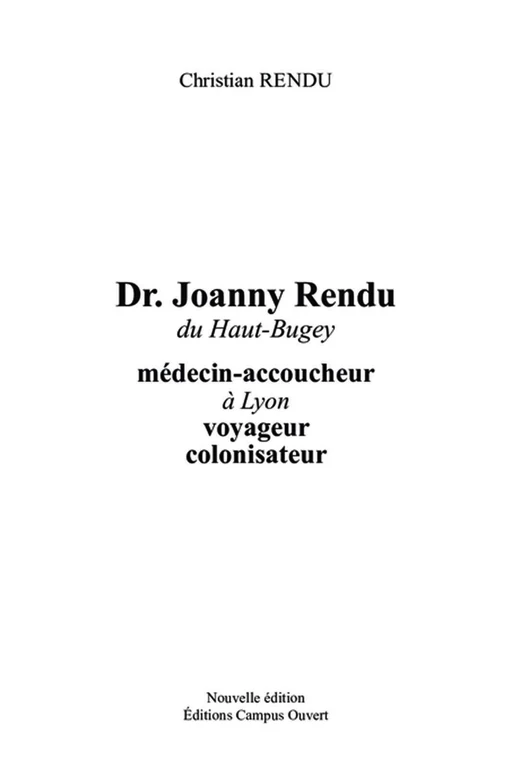 Dr Joanny Rendu du Haut-Buget -  - Editions Campus Ouvert