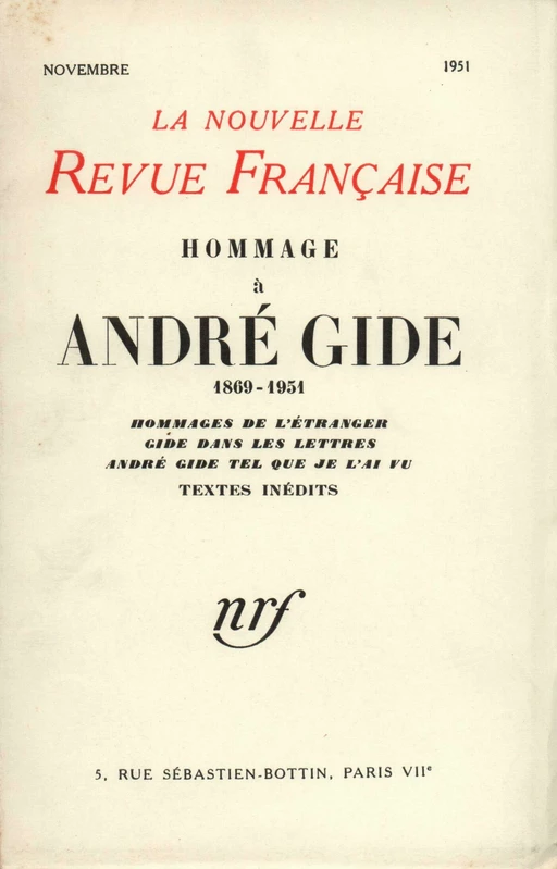 Hommage ŕ André Gide N' (Novembre 1951) - André Gide - Editions Gallimard - Revues NRF