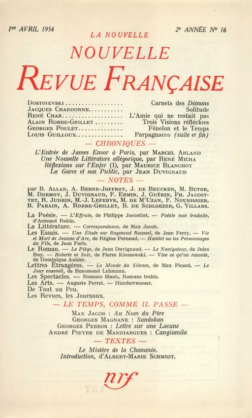 La Nouvelle Nouvelle Revue Française N' 16 (Avril 1954) -  Collectifs - Editions Gallimard - Revues NRF