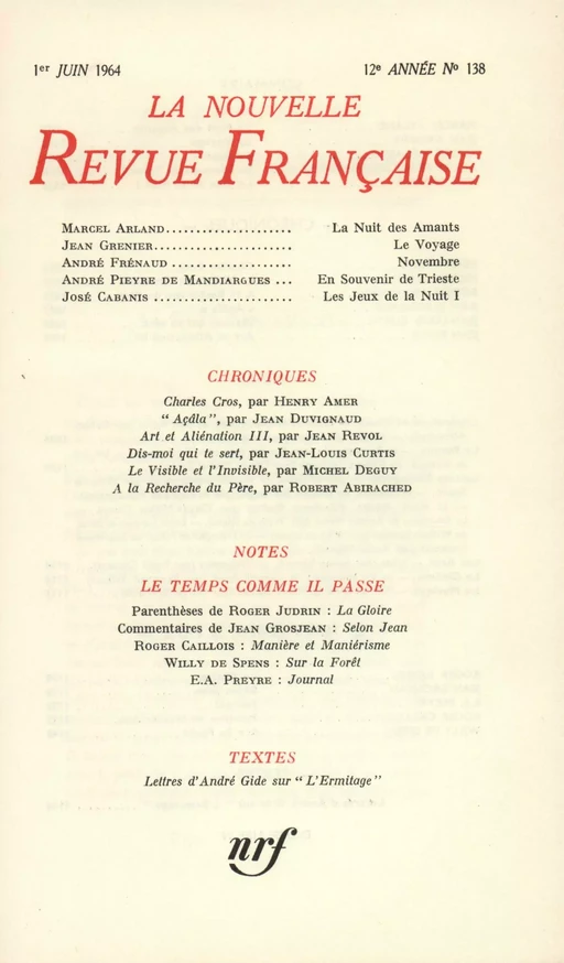 La Nouvelle Revue Française N' 138 (Juin 1964) -  Collectifs - Editions Gallimard - Revues NRF