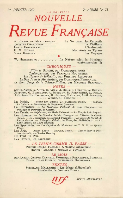 La Nouvelle Nouvelle Revue Française N' 73 (Janvier 1959) -  Collectifs - Editions Gallimard - Revues NRF