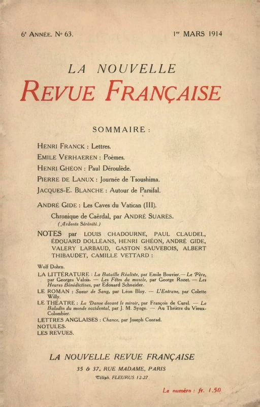 La Nouvelle Revue Française N' 63 (Mars 1914) -  Collectifs - Editions Gallimard - Revues NRF