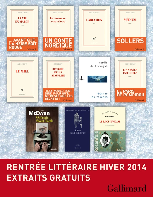 Extraits gratuits - Rentrée littéraire Gallimard Hiver 2014 - Dominique Barbéris, Lilyane Beauquel, Maylis de Kerangal, Jean-Michel Delacomptée, Slobodan Despot, Arthur Dreyfus, Philippe Le Guillou, Ian McEwan, Astrid Rosenfeld, Philippe Sollers - Editions Gallimard