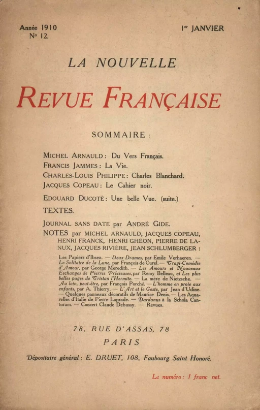 La Nouvelle Revue Française N' 12 (Janvier 1910) -  Collectifs - Editions Gallimard - Revues NRF