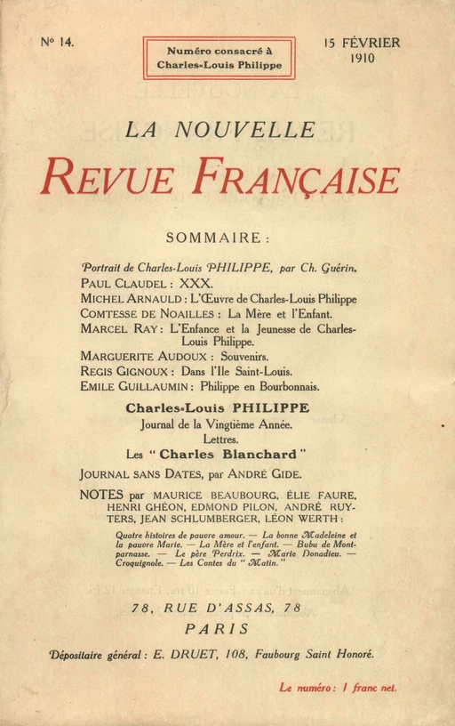 Charles-Louis Philippe N' 14 (Février 1910) - André Gide - Editions Gallimard - Revues NRF