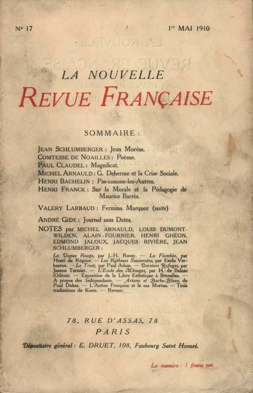 La Nouvelle Revue Française N' 17 (Mai 1910) -  Collectifs - Editions Gallimard - Revues NRF