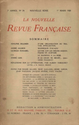 La Nouvelle Revue Française N' 78 (Mars 1920)