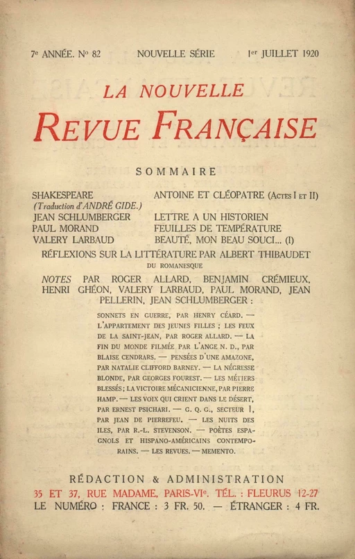 La Nouvelle Revue Française N' 82 (Juillet 1920) - André Gide - Editions Gallimard - Revues NRF