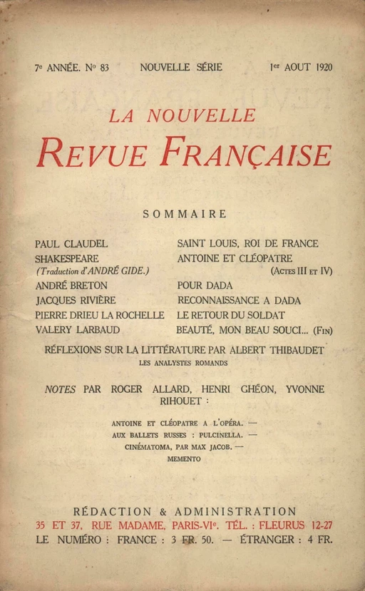 La Nouvelle Revue Française N' 83 (Aoűt 1920) - André Gide - Editions Gallimard - Revues NRF