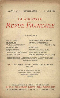 La Nouvelle Revue Française N' 83 (Aoűt 1920)