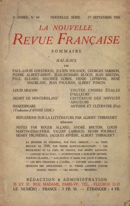 La Nouvelle Revue Française N' 84 (Septembre 1920)