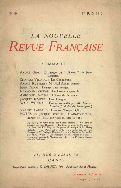 La Nouvelle Revue Française N' 18 (Juin 1910) - André Gide - Editions Gallimard - Revues NRF