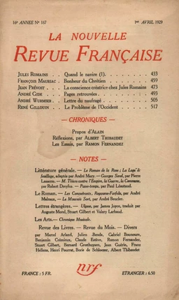 La Nouvelle Revue Française N' 187 (Avril 1929)