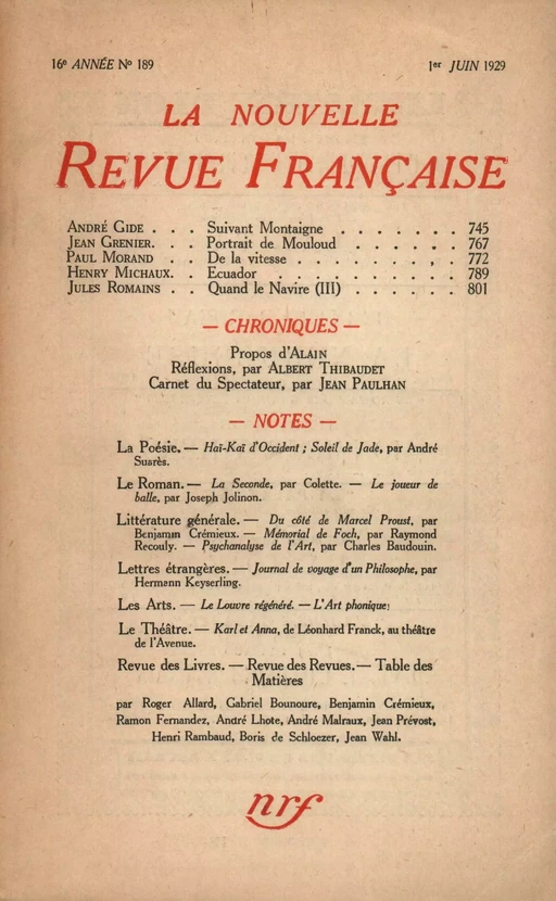 La Nouvelle Revue Française N' 189 (Juin 1929) -  Collectifs - Editions Gallimard - Revues NRF