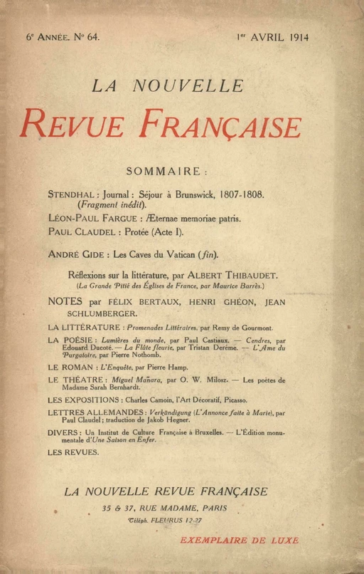 La Nouvelle Revue Française N' 64 (Avril 1914) - André Gide - Editions Gallimard - Revues NRF