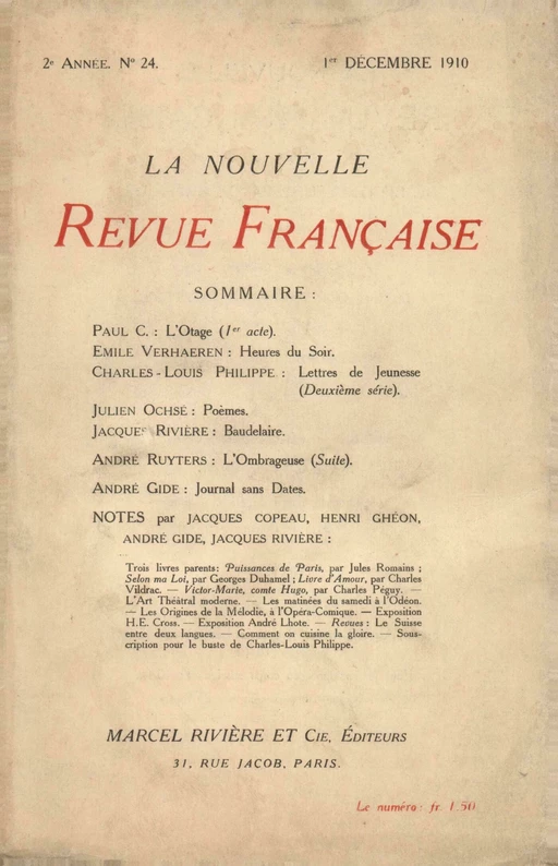 La Nouvelle Revue Française N' 24 (Décembre 1910) - André Gide - Editions Gallimard - Revues NRF