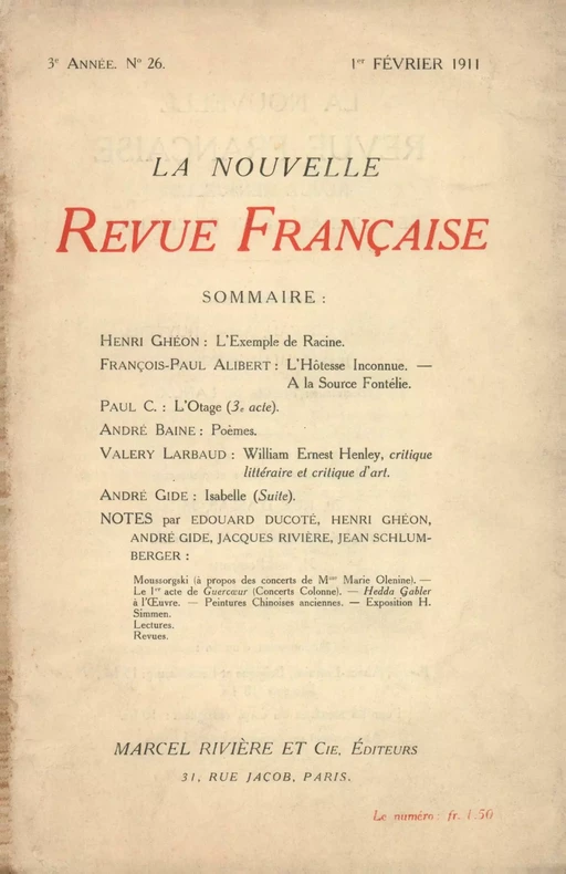 La Nouvelle Revue Française N' 26 (Février 1911) -  Collectifs - Editions Gallimard - Revues NRF