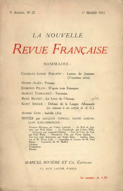 La Nouvelle Revue Française N' 27 (Mars 1911) -  Collectifs - Editions Gallimard - Revues NRF