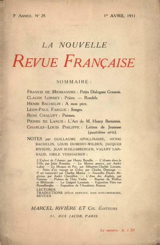 La Nouvelle Revue Française N' 28 (Avril 1911) -  Collectifs - Editions Gallimard - Revues NRF