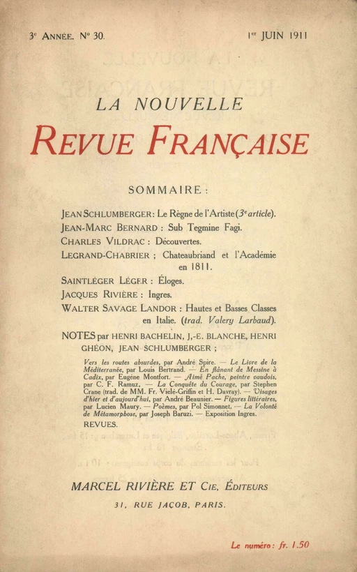 La Nouvelle Revue Française N' 30 (Juin 1911) - André Gide - Editions Gallimard - Revues NRF