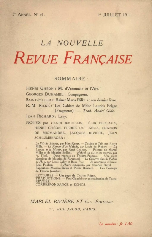 La Nouvelle Revue Française N' 31 (Juillet 1911) -  Collectifs - Editions Gallimard - Revues NRF