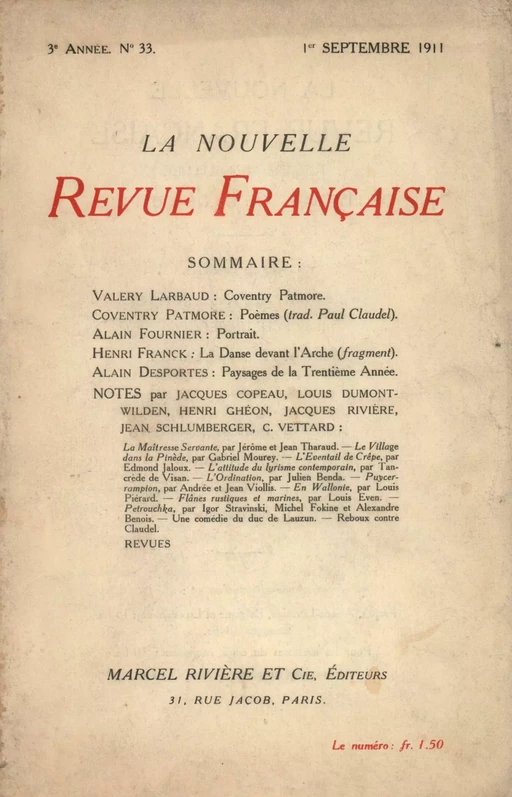 La Nouvelle Revue Française N' 33 (Septembre 1911) -  Collectifs - Editions Gallimard - Revues NRF