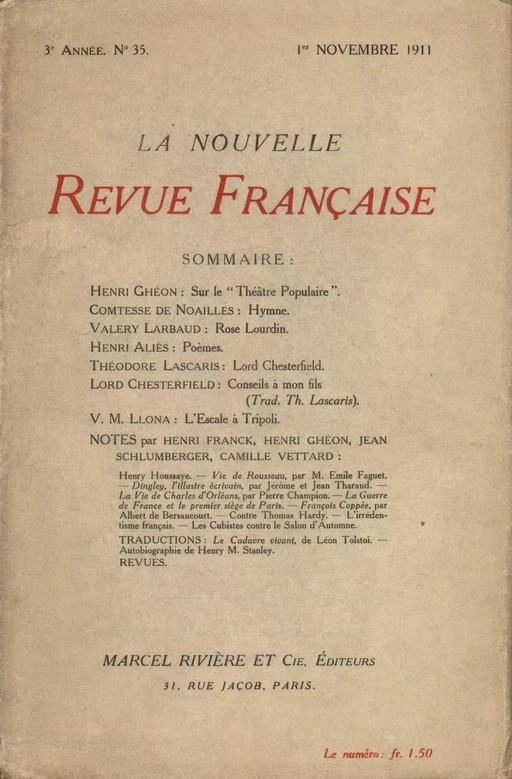 La Nouvelle Revue Française N' 35 (Novembre 1911) -  Collectifs - Editions Gallimard - Revues NRF