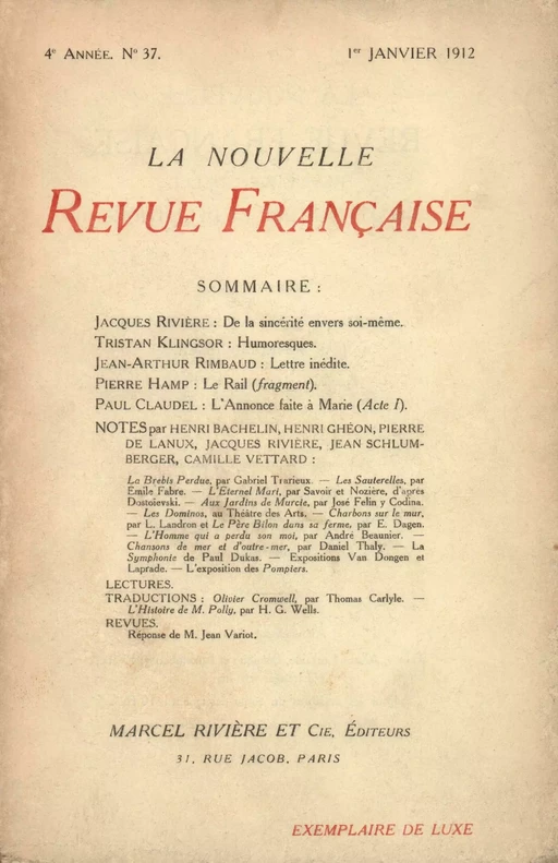 La Nouvelle Revue Française N' 37 (Janvier 1912) -  Collectifs - Editions Gallimard - Revues NRF