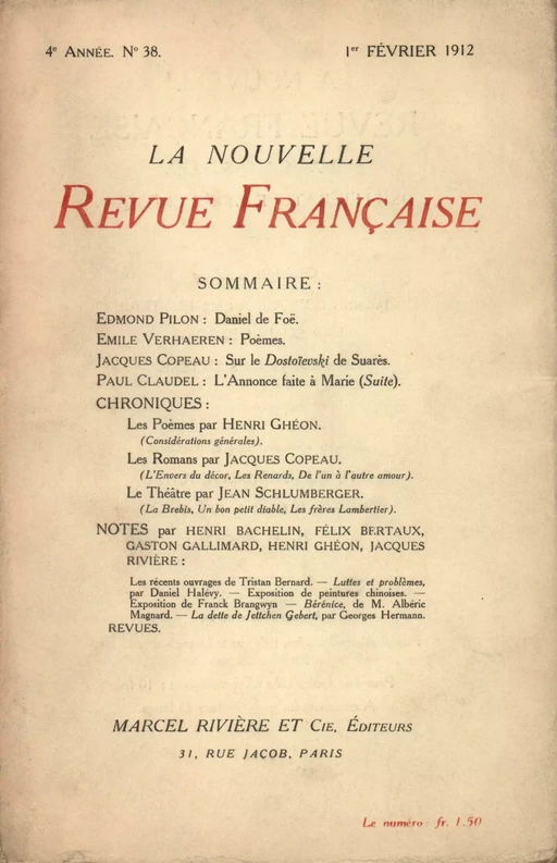 La Nouvelle Revue Française N' 38 (Février 1912) -  Collectifs - Editions Gallimard - Revues NRF