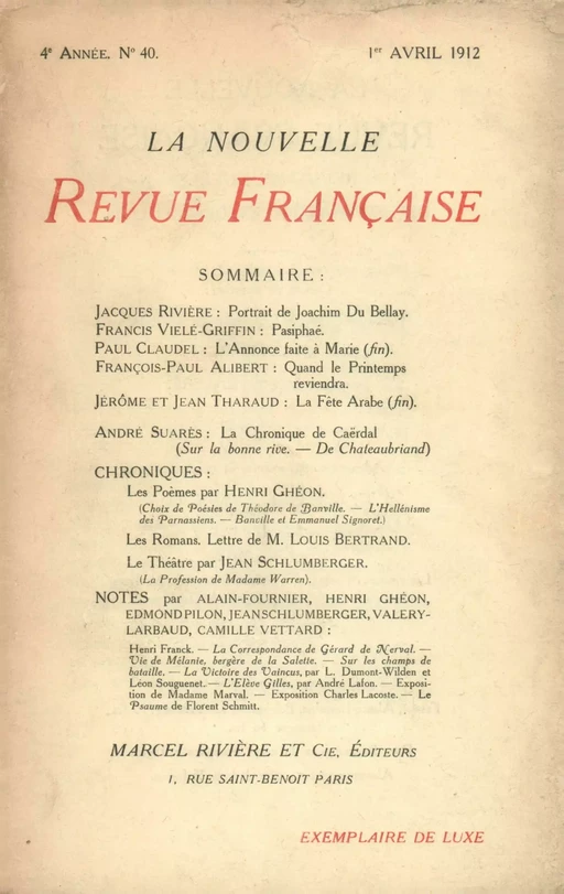 La Nouvelle Revue Française N' 40 (Avril 1912) -  Collectifs - Editions Gallimard - Revues NRF