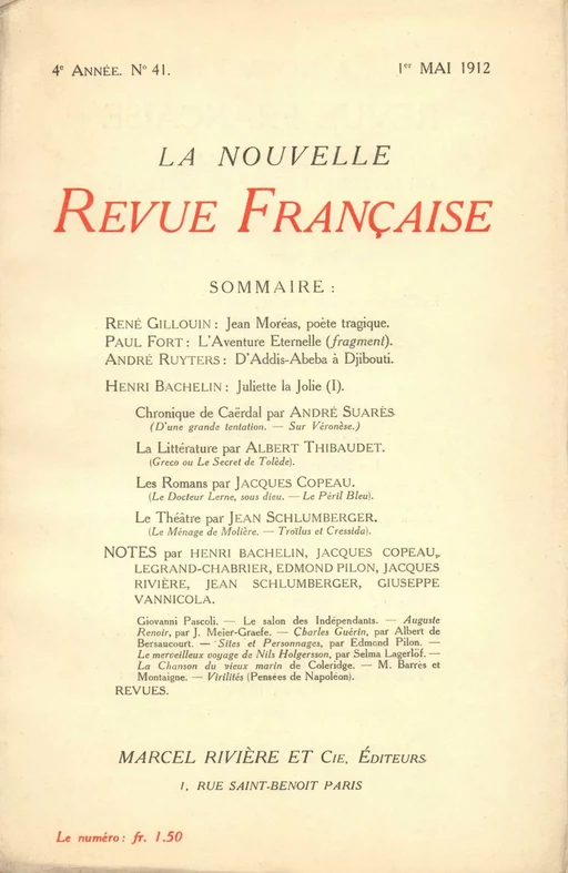 La Nouvelle Revue Française N' 41 (Mai 1912) -  Collectifs - Editions Gallimard - Revues NRF