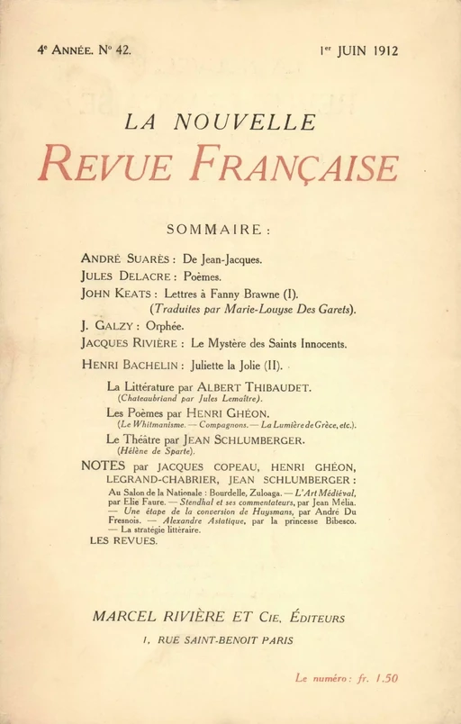 La Nouvelle Revue Française N' 42 (Juin 1912) -  Collectifs - Editions Gallimard - Revues NRF