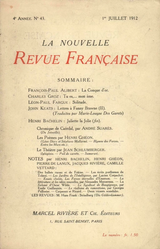 La Nouvelle Revue Française N' 43 (Juillet 1912) - André Gide - Editions Gallimard - Revues NRF