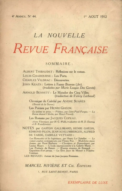 La Nouvelle Revue Française N' 44 (Aoűt 1912) -  Collectifs - Editions Gallimard - Revues NRF