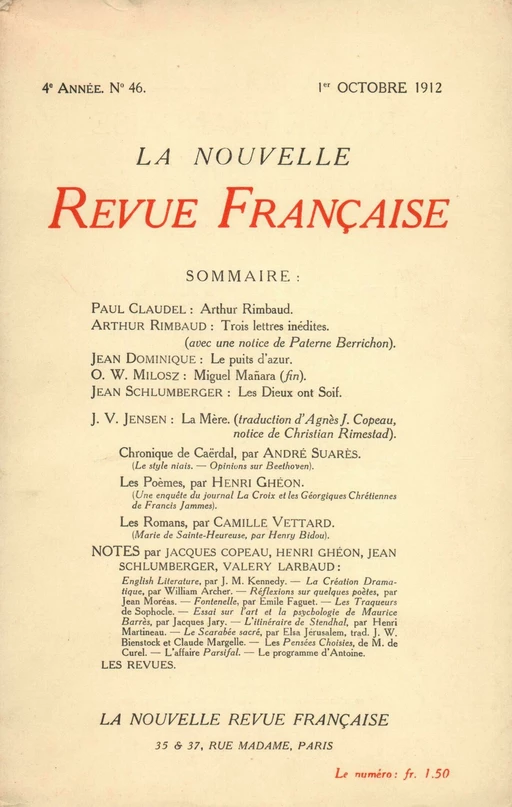 La Nouvelle Revue Française N' 46 (Octobre 1912) - André Gide - Editions Gallimard - Revues NRF