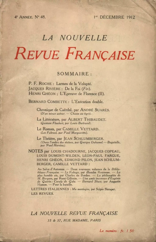 La Nouvelle Revue Française N' 48 (Décembre 1912) -  Collectifs - Editions Gallimard - Revues NRF