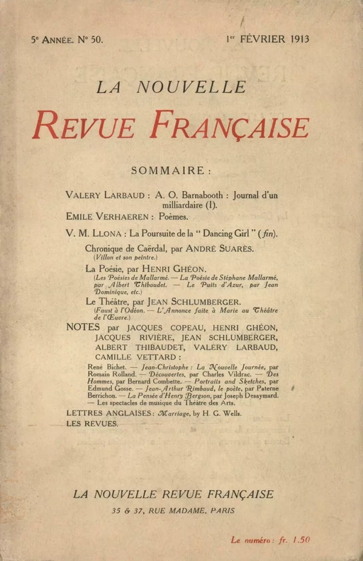 La Nouvelle Revue Française N' 50 (Février 1913) -  Collectifs - Editions Gallimard - Revues NRF